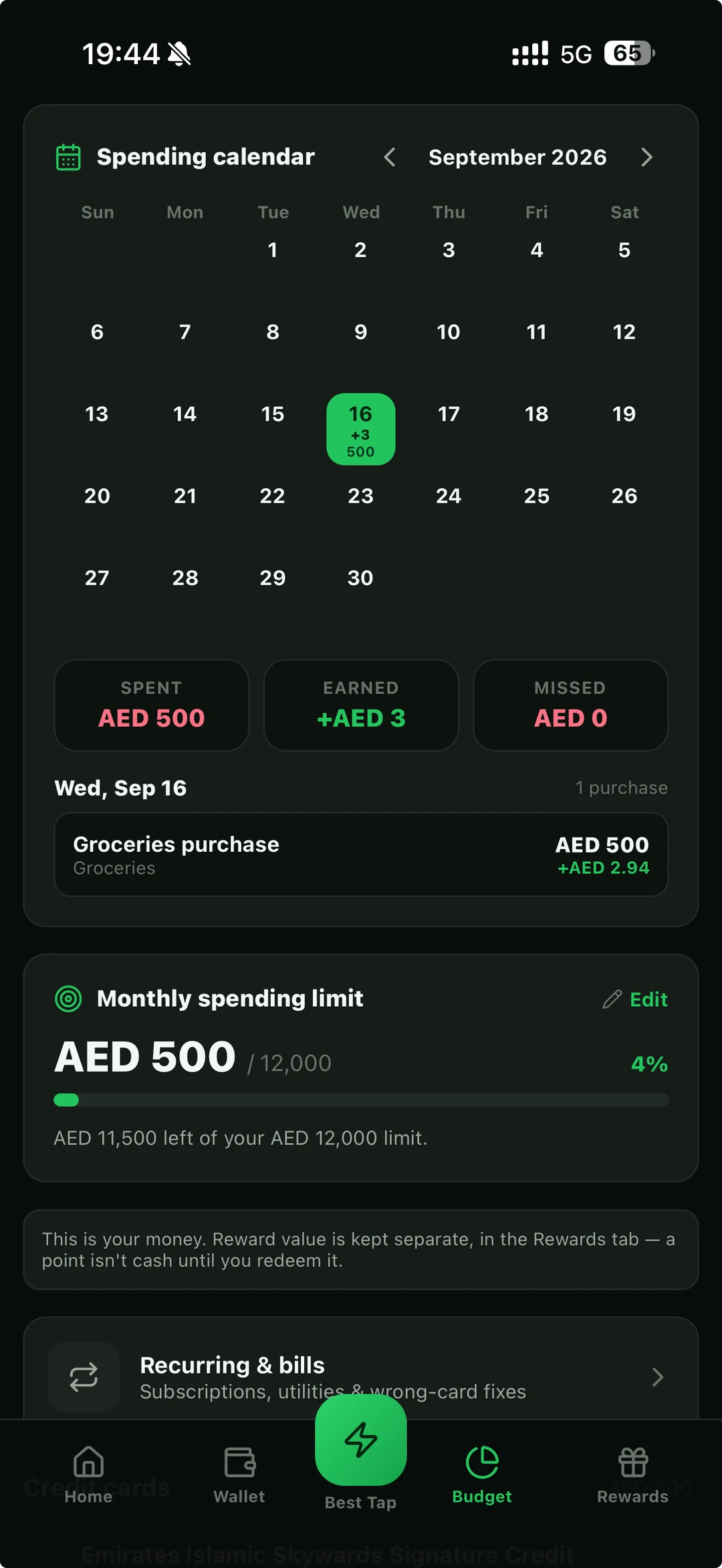 BestTap spending calendar with earned and missed rewards.