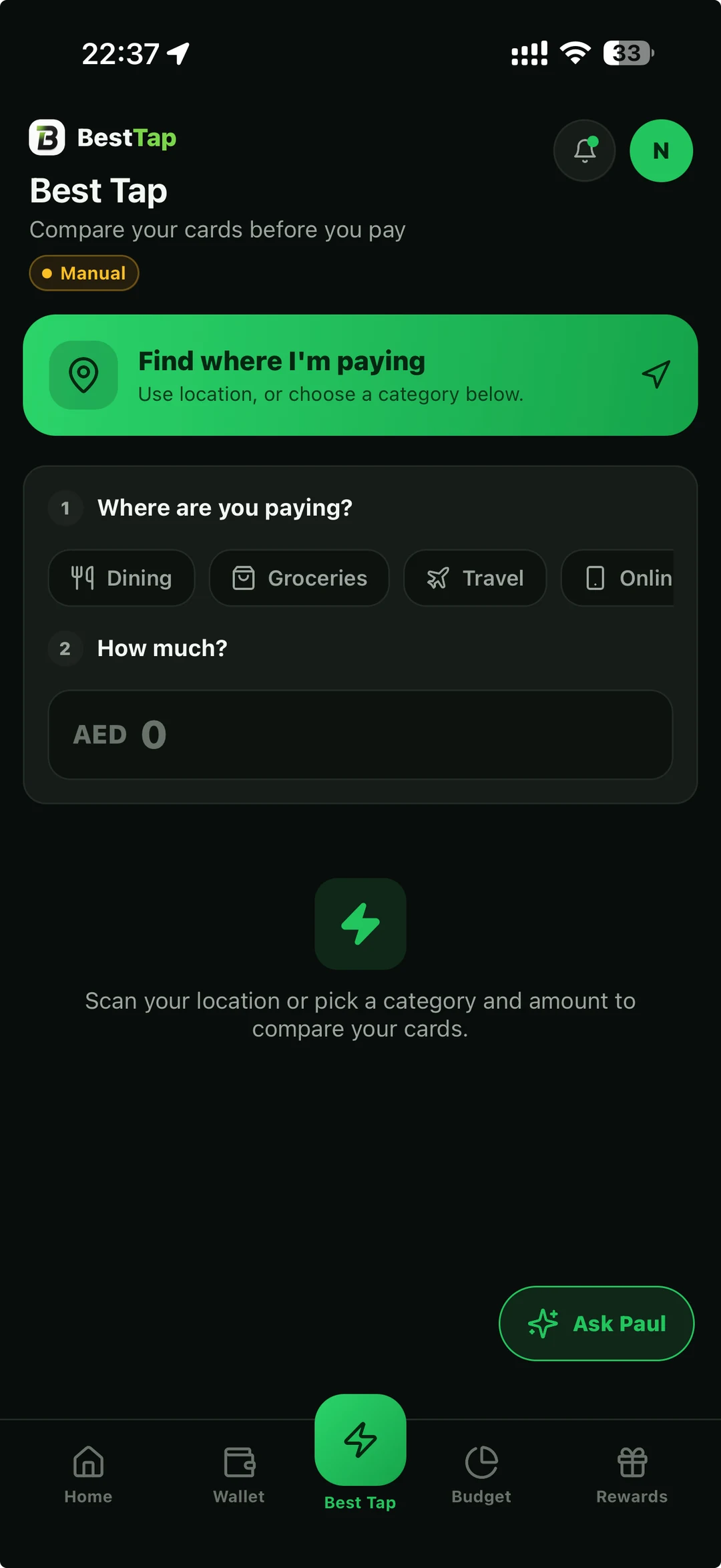 BestTap purchase category and amount screen.
