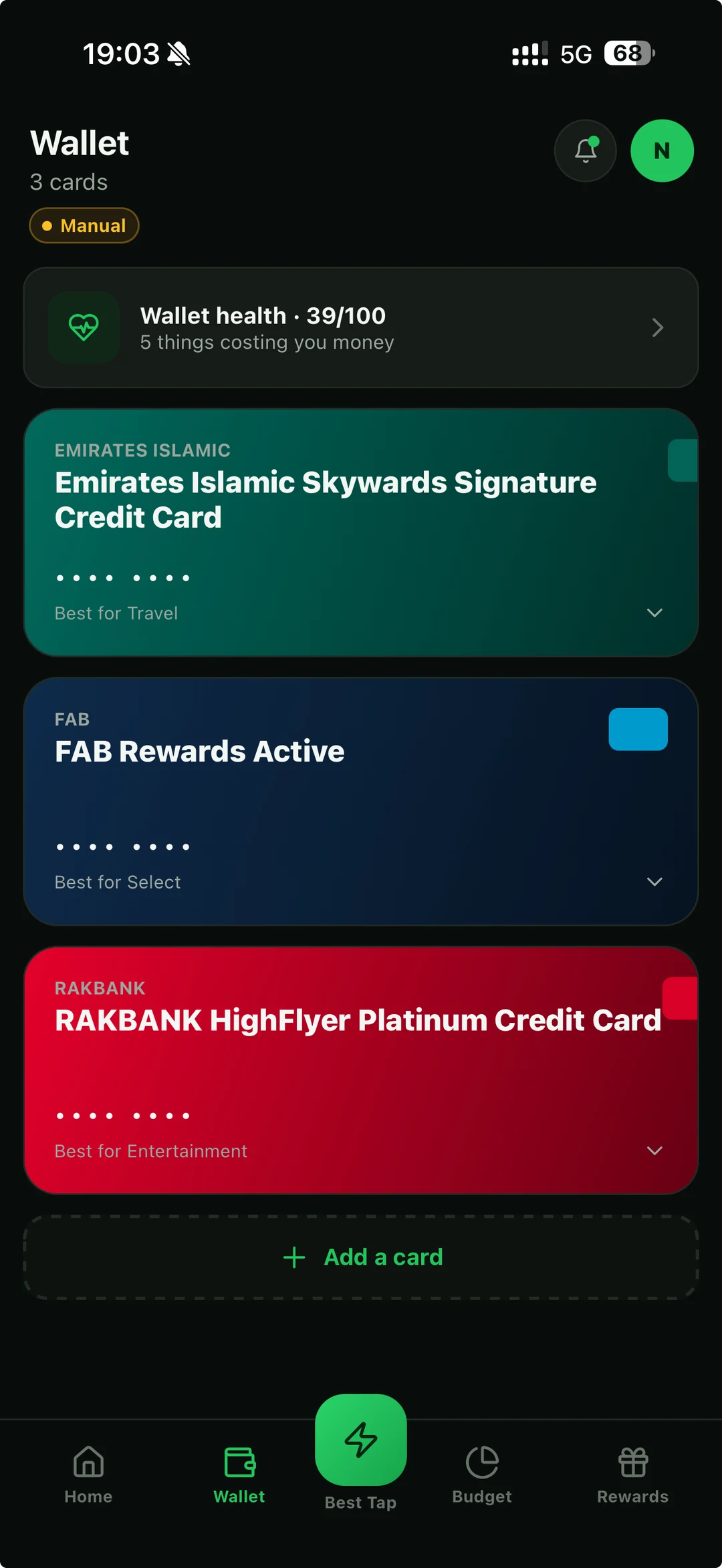 BestTap Wallet showing three added cards.